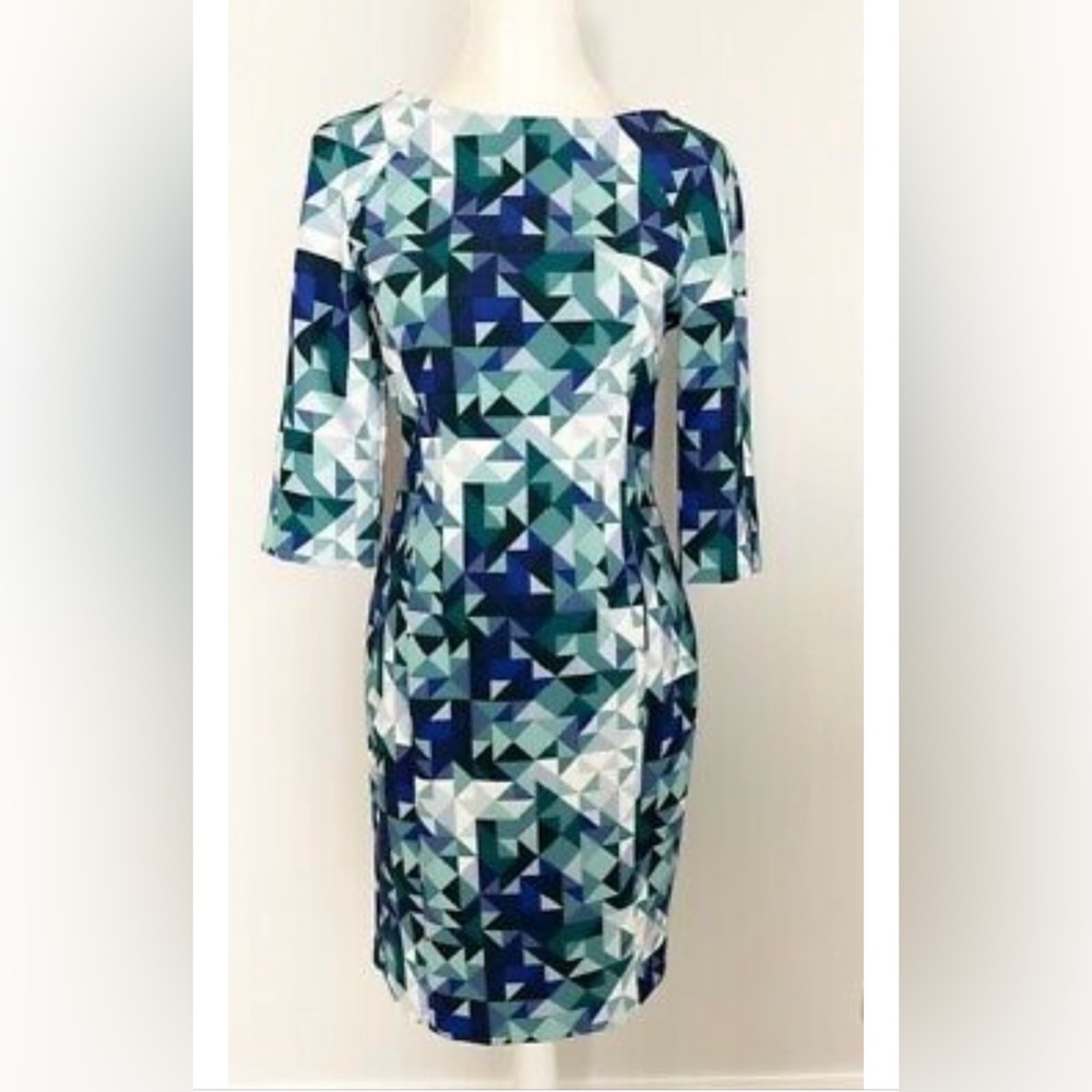 H&M Womens Sheath Dress Size 8 Blue Green Geometric Boat Neck 3/4 Sleeve Zipper